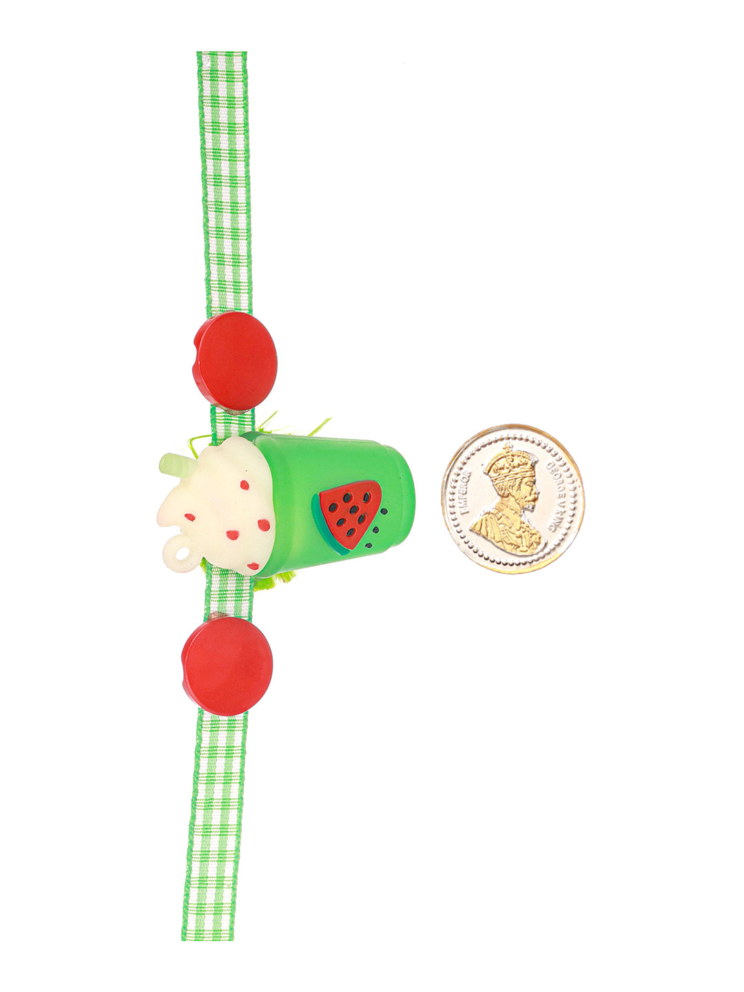 Green Ice Cream Shape Toy Ribbon Rakhi for Kids with 999 Pure Silver King George 1 gram Silver Coin